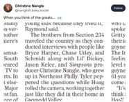 Christine Nangle's Bluesky post with an Inquirer clipping that lists her alongside Phillies and Eagles greats