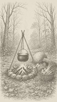 A cauldron of soup over a campfire