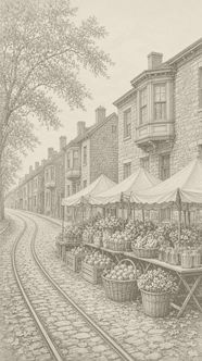 Market tents with produce baskets beside the trolley tracks on a cobbled street, hatch illustration