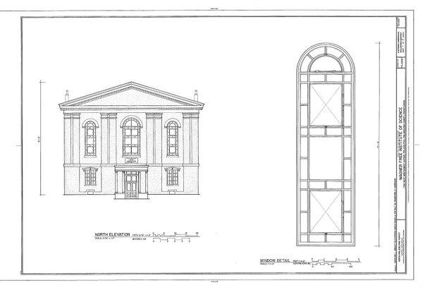 A measured drawing of the north elevation and a window detail of the Wagner Free Institute