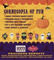 East Kensington Fall Festival flyer: Cornucopia of Fun, costumed cartoon kids, a pumpkin, and the EKNA and Philadelphia Brewing Co logos