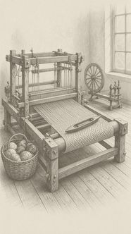A wooden floor loom with a basket of yarn and a spinning wheel, hatch illustration