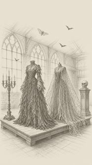Two dark gowns on dress forms in a gothic hall with candles and bats, hatch illustration