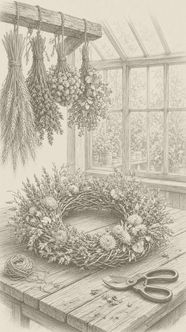 A dried-flower wreath on a workbench with hanging dried bundles and shears, hatch illustration